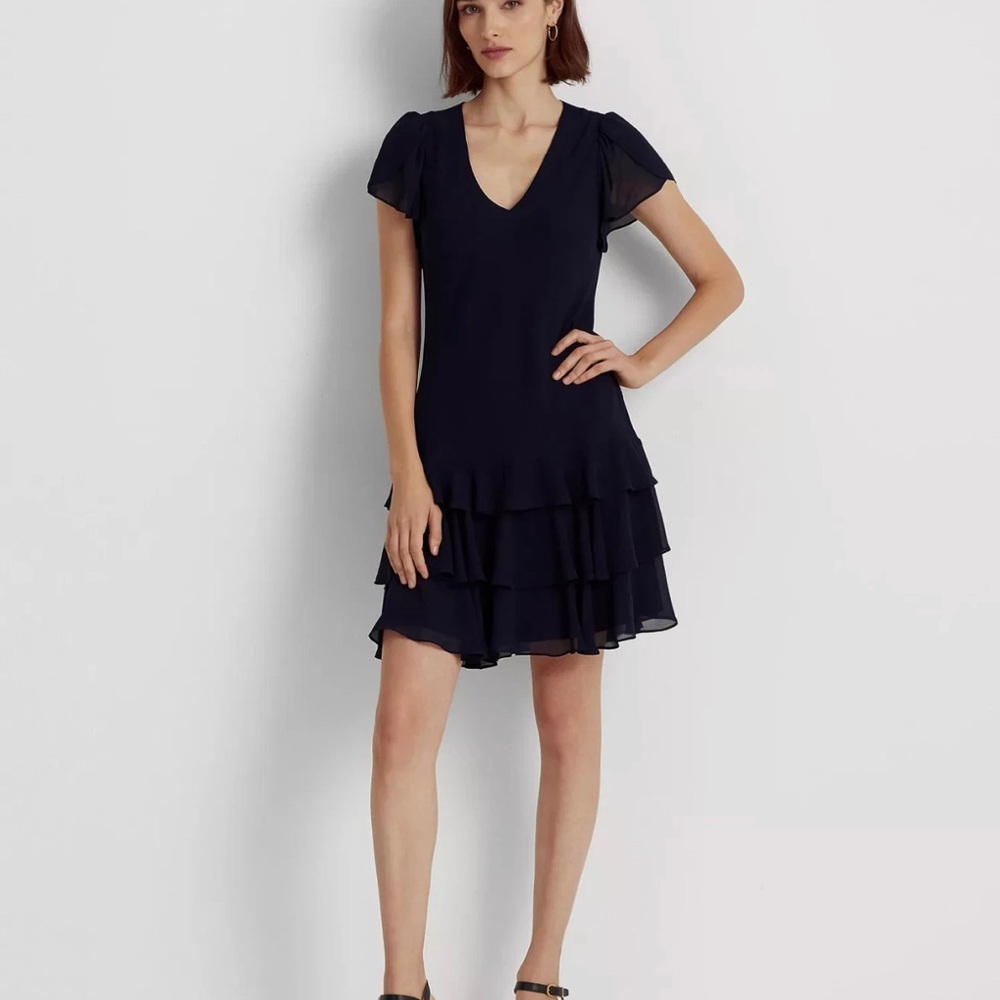 Lauren Ralph Lauren Navy V-Neck Tiered Ruffle Mini Dress